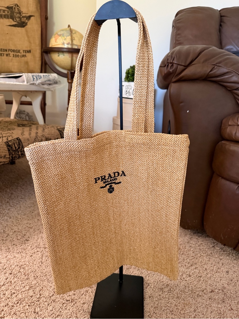 Gift with purchase Prada Natural Beige Jute Tote with Black Logo - Picture 5 of 12